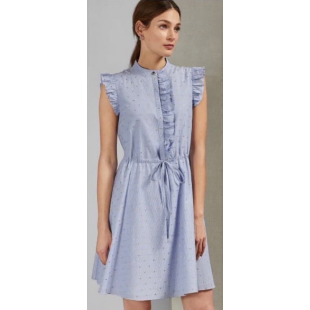 Ted Baker London Beyonc Blue & Gold Polka Dots Shift Dress W/Pockets, Size 0